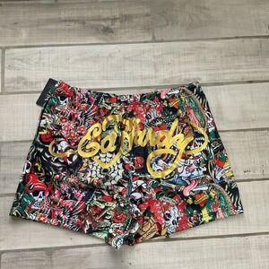Ed Hardy Mens Mesh Collage Shorts Gym Tattoo Rock Punk Skull Designer XL Extra L